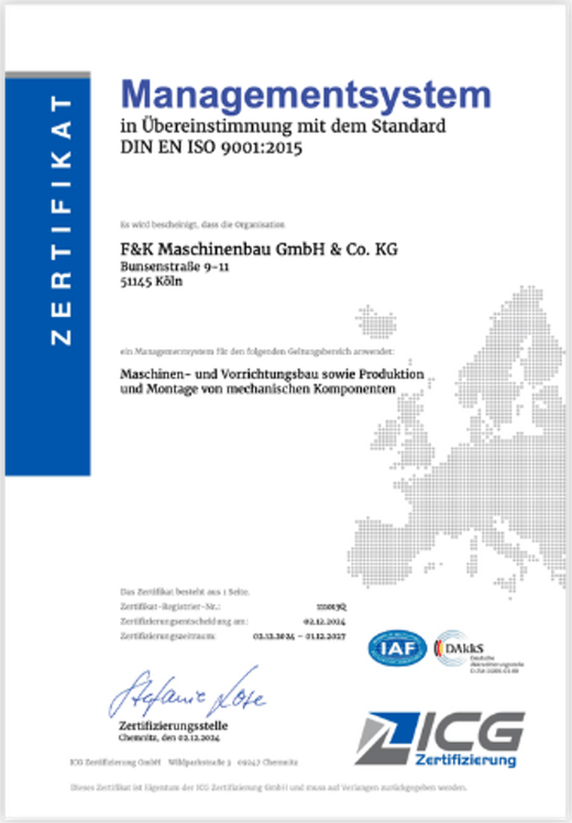 ISO-9001:2015-Zertifikat der F&K Maschinenbau GmbH & Co. KG, ausgestellt durch ICG Zertifizierung